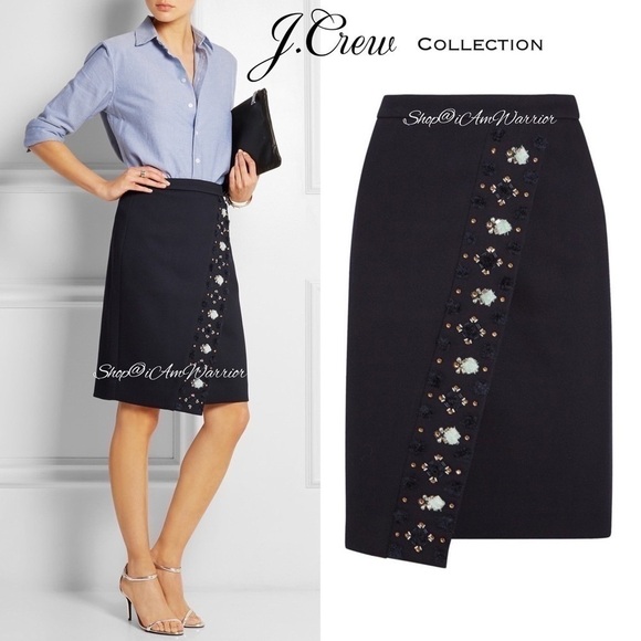 J.Crew Collection NWOT navy embellished asymmetrical bonded twill pencil skirt - Picture 1 of 11